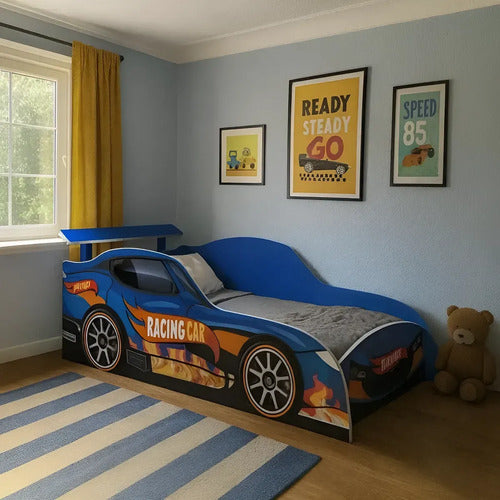 Cama Carro Racing Menino Azul Corrida 100% Mdf Com Colchão