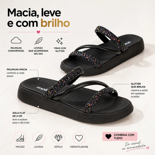 Chinelo Feminina Moleca Strass Brilhosa Macia Papete Flat