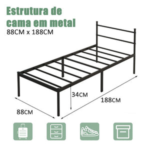 Cama De Ferro Solteiro Cabeceira E Espago, Resistente Preto