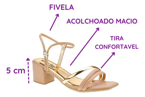 Sandália Feminina Salto Baixo Tres Tiras Bico Quadrado Moda