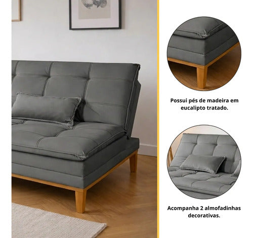 Sofá Cama 2 Lugares Confortável Reclinável 140cm Pés Madeira
