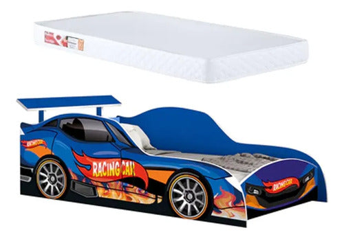 Cama Carro Racing Menino Azul Corrida 100% Mdf Com Colchão