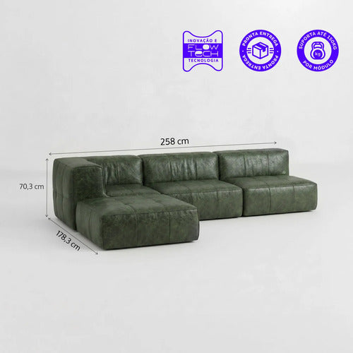 Sofá Modular Poli-couro 3 Lugares 1 Canto Com Chaise