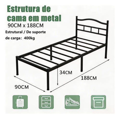 Cama De Ferro Solteiro Cabeceira E Espago, Resistente