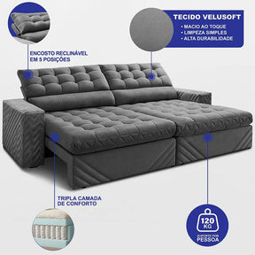 Sofá Retrátil 2,30m Molas Ensacadas Max Spring. Cama Inbox