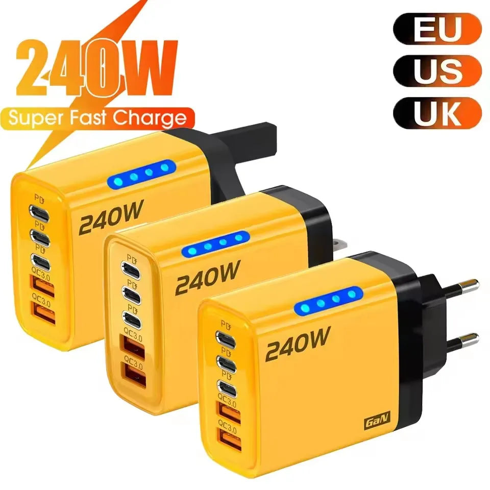 Carregador Rápido Gan de 240w com Luz LED 5 em 1, 2 USB + 3 Tipo-C, Carregador Multiportas para 15-17, , , 15