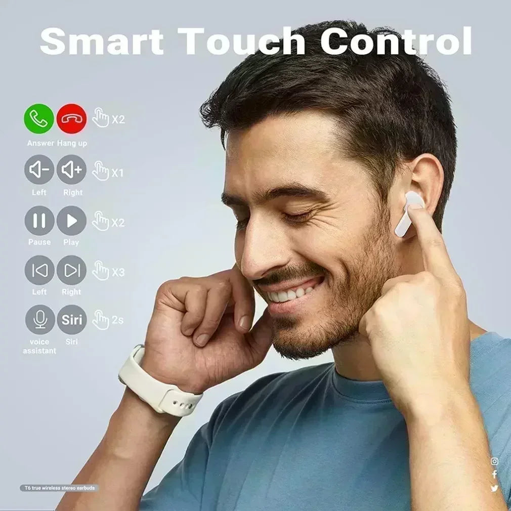 Fone de Ouvido TWS Bluetooth com Toque, Som HiFi 9D Estéreo, Redução de Ruído e Resistente à Água