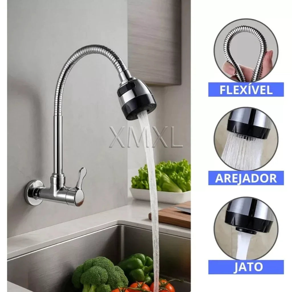 Torneira Cozinha Parede Gourmet Inox Flexível Cromada Premium Anti-corrosão Luxo