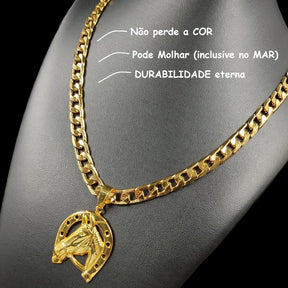 Corrente Cordão 10mm Moeda Antiga Legítima Não Perde Cor + Pingente Cavalo Ferradura Grande