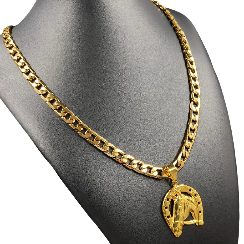 Corrente Cordão 10mm Moeda Antiga Legítima Não Perde Cor + Pingente Cavalo Ferradura Grande