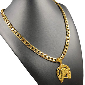 Corrente Cordão 10mm Moeda Antiga Legítima Não Perde Cor + Pingente Cavalo Ferradura Grande