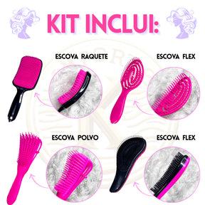 Kit 5 Escovas de Cabelo + Touca de Cetim – Raquete , Mágica, Polvo, Massageadora de Silicone