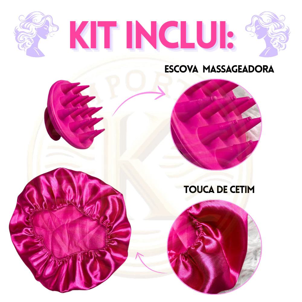 Kit 5 Escovas de Cabelo + Touca de Cetim – Raquete , Mágica, Polvo, Massageadora de Silicone