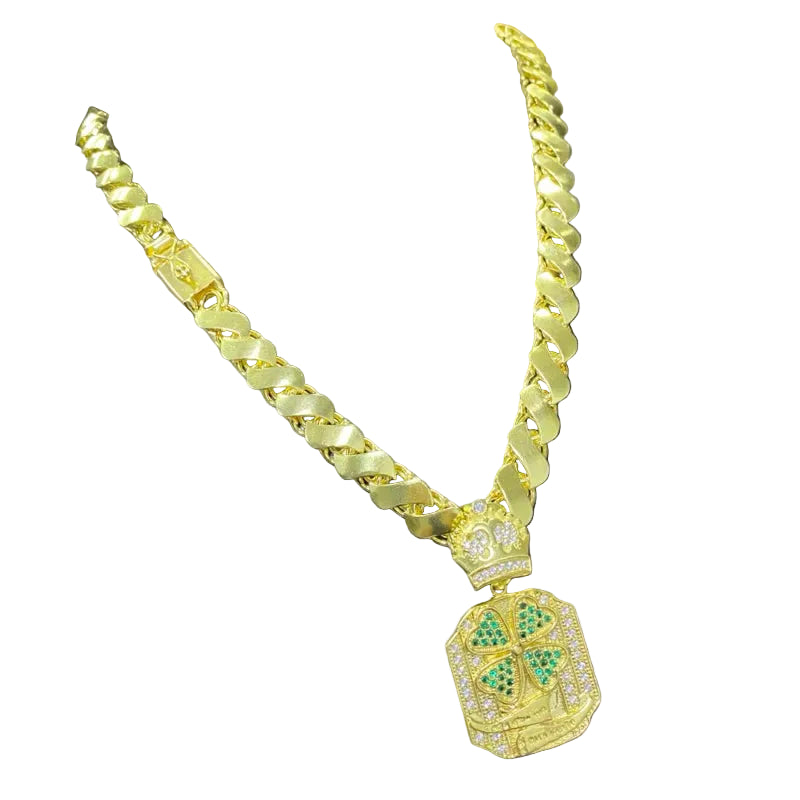 Corrente Cordão FRISOS S 12MM MAIS PINGENTES TREVO DA SORTE 100% em Moeda Antiga idêntico a ouro 18k