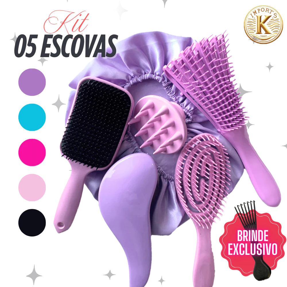 Kit 5 Escovas de Cabelo + Touca de Cetim – Raquete , Mágica, Polvo, Massageadora de Silicone