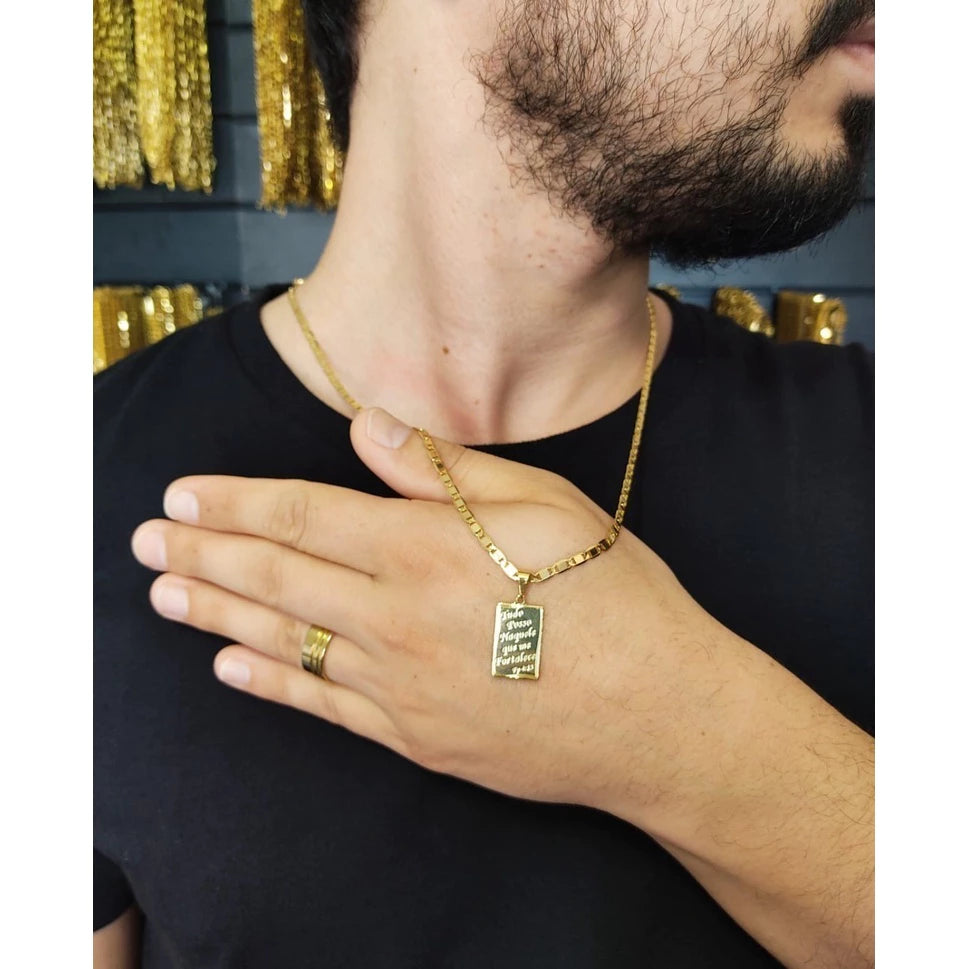 Kit Conjunto Corrente Masculino Com Pulseira E Pingente Tudo Posso Moeda Antiga Banhado A Ouro 18k