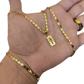 Corrente Fininha Masculina E Pulseira Moeda Antiga Masculino Com Pingente Placa Cruz