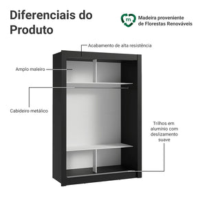 Guarda Roupa Solteiro 2 Portas de Correr com Espelho Preto Madesa Denver