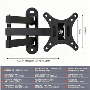 Suporte Tv Tri Articulado Lcd Led Plasma 10 A 26 e 32 A 55 Pol Para Parede VESA 75x75mm/100x100mm