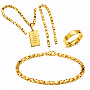 Kit Conjunto Corrente Masculino Com Pulseira E Pingente Tudo Posso Moeda Antiga Banhado A Ouro 18k
