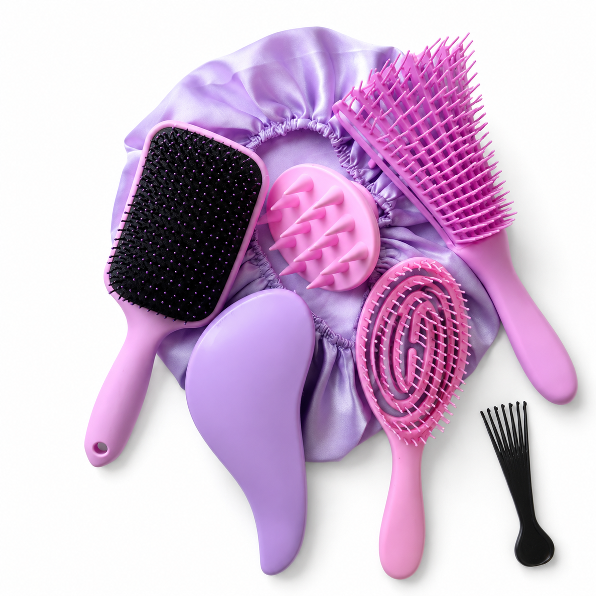 Kit 5 Escovas de Cabelo + Touca de Cetim – Raquete , Mágica, Polvo, Massageadora de Silicone