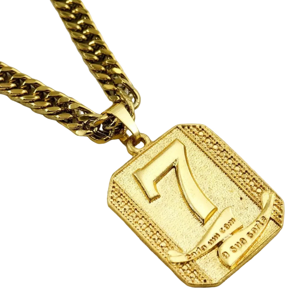 Corrente Masculina de Moeda Antiga com Pingente de Cadeado Cassino Número 7 - Colar Top Banhado Ouro