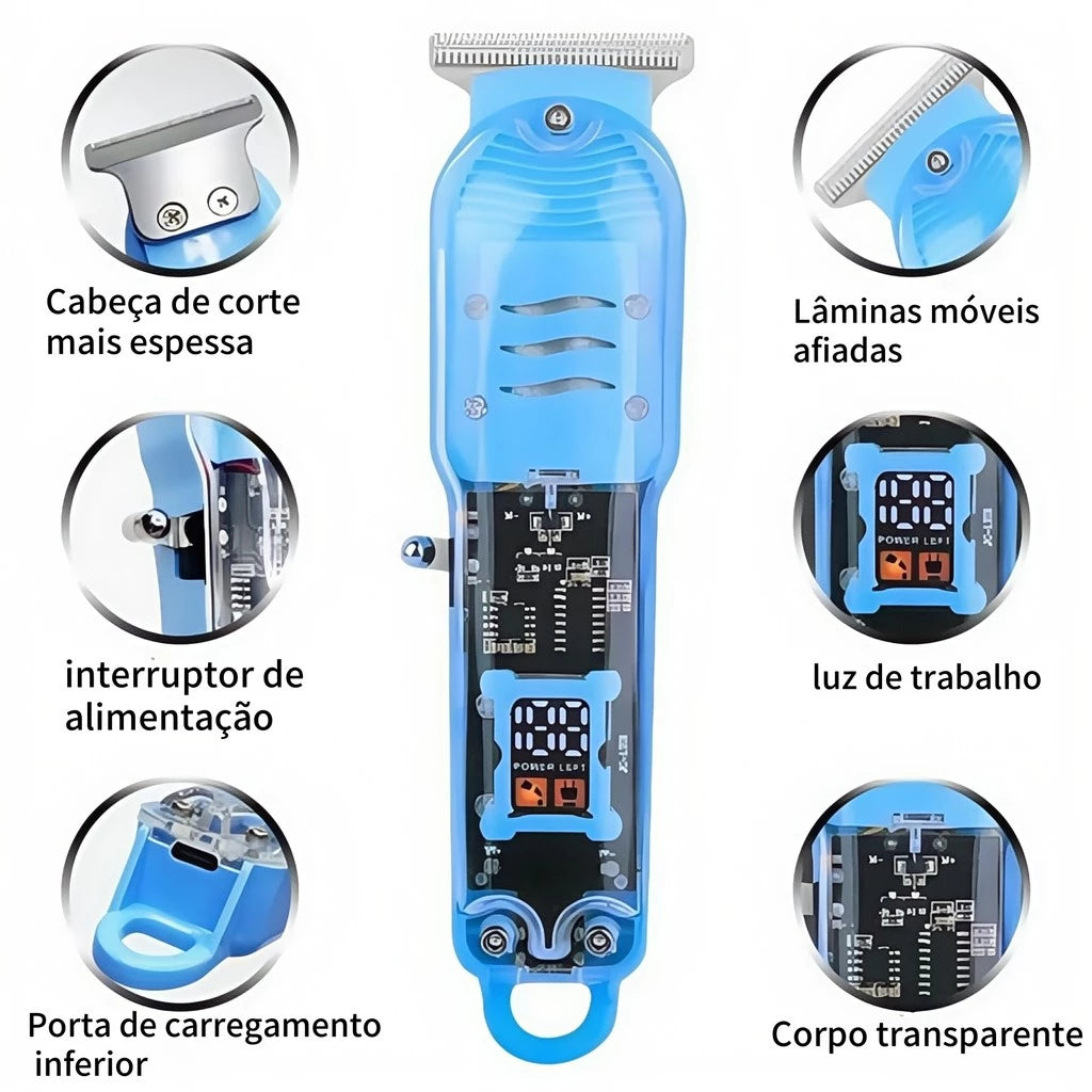 Cortador de Cabelo Profissional Sem Fio com Display LCD Inteligente e Barbeador Transparente para Homens