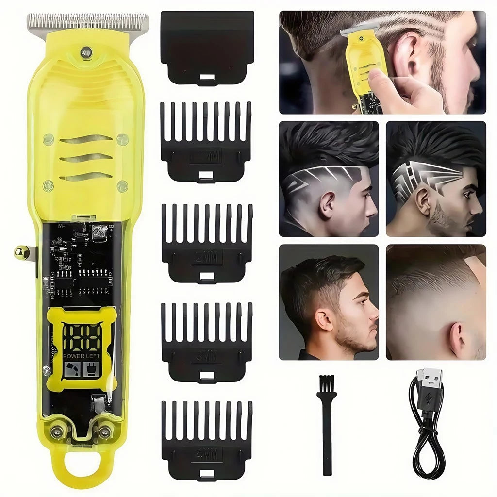 Cortador de Cabelo Profissional Sem Fio com Display LCD Inteligente e Barbeador Transparente para Homens