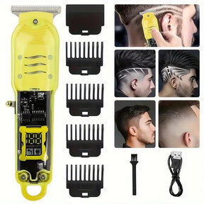 Cortador de Cabelo Profissional Sem Fio com Display LCD Inteligente e Barbeador Transparente para Homens