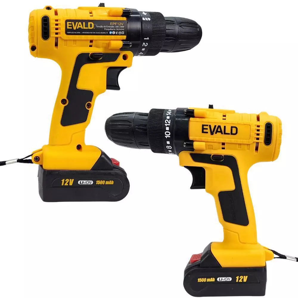 Parafusadeira Furadeira Bateria 12V com Maleta e Kit 136 Peças Bivolt EVALD